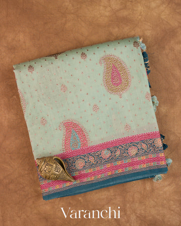 Light Powder Blue Pure Chiniya Silk Saree — Folded