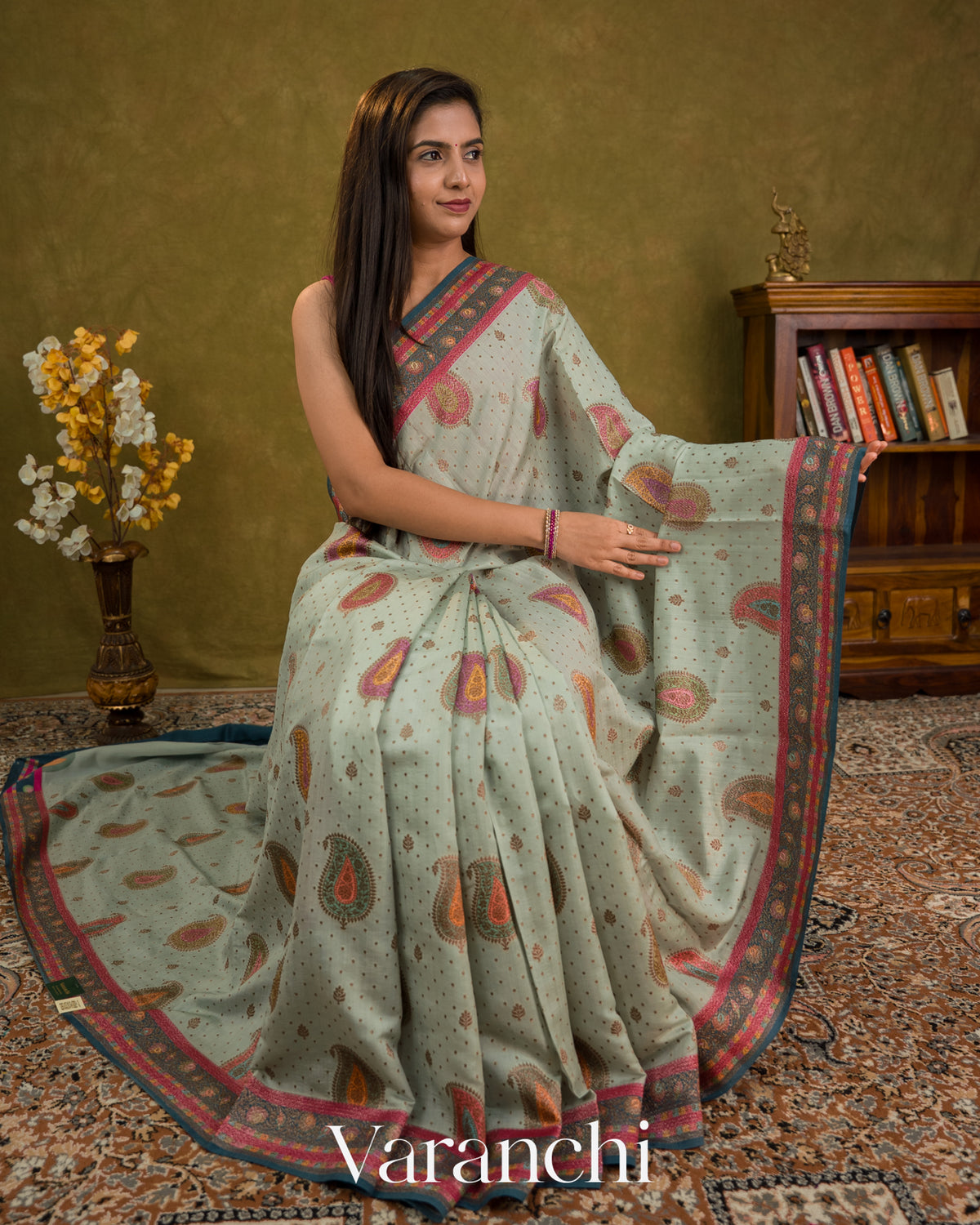 Light Powder Blue Pure Chiniya Silk Saree — Draped
