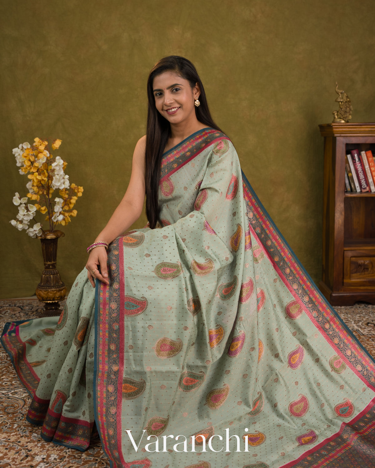 Light Powder Blue Pure Chiniya Silk Saree — Draped