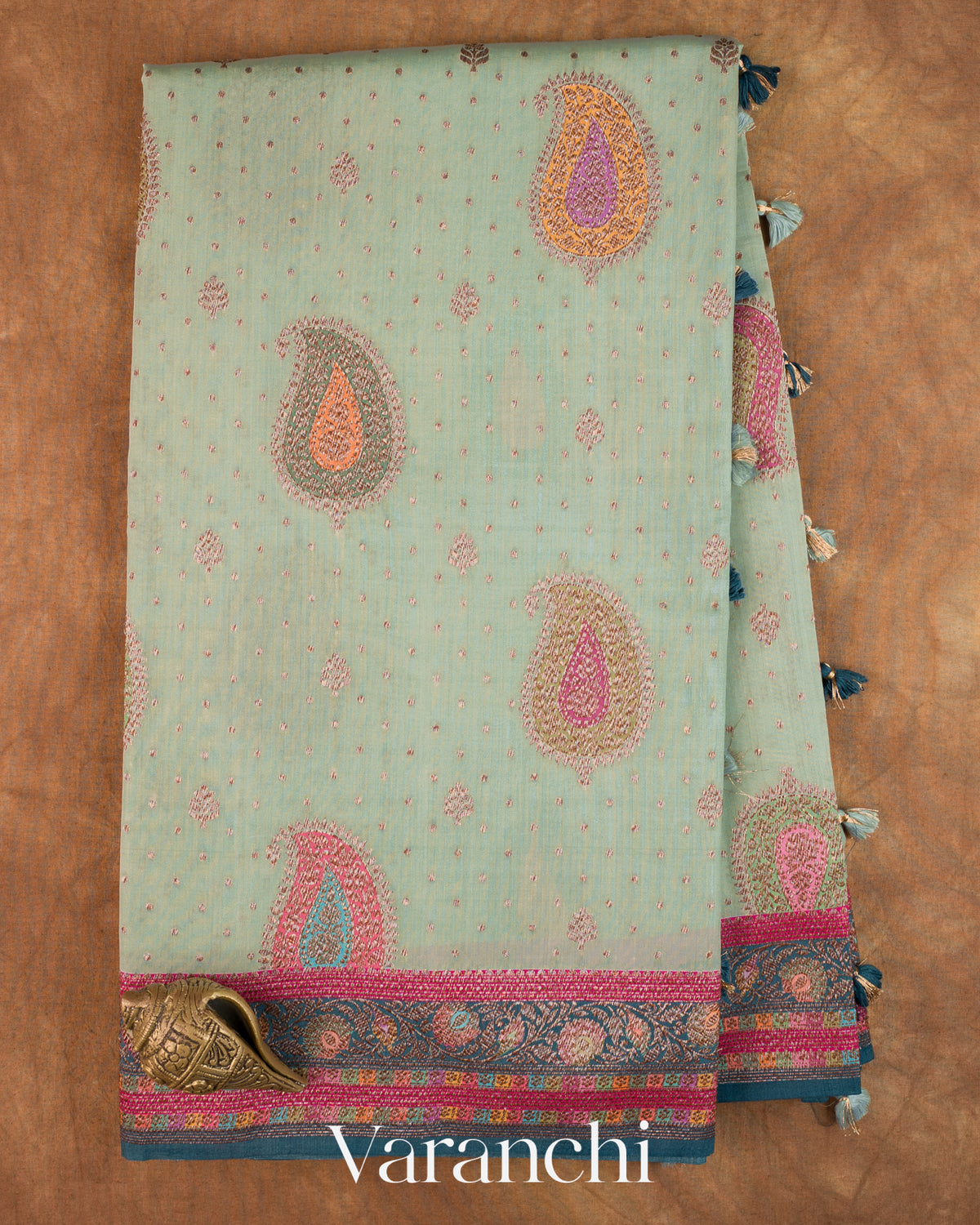Light Powder Blue Pure Chiniya Silk Saree — Full Saree
