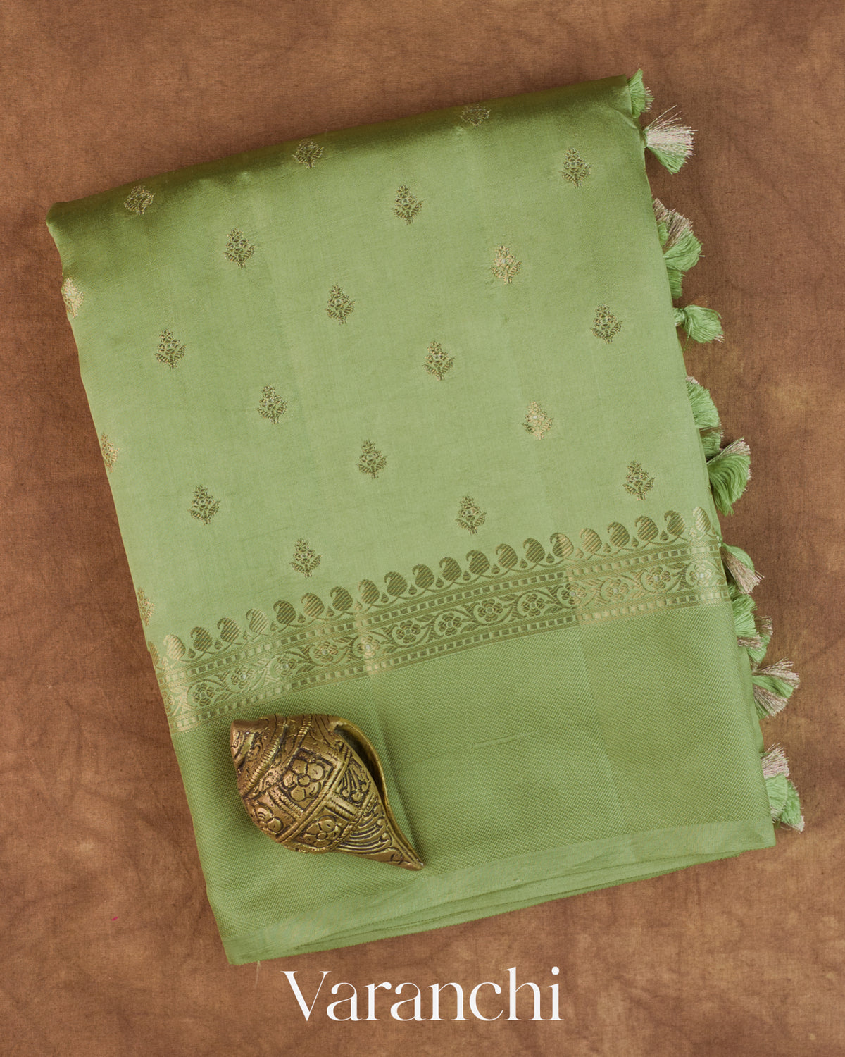 Olive Green Pure Dupion Silk Saree — Folded