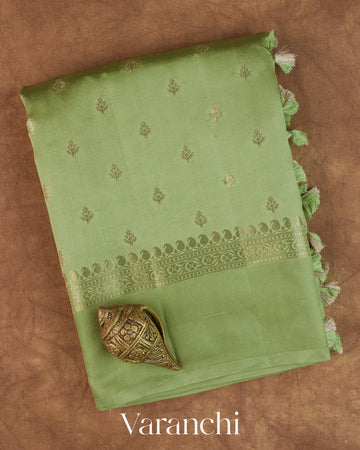 Olive Green Pure Dupion Silk Saree — Folded