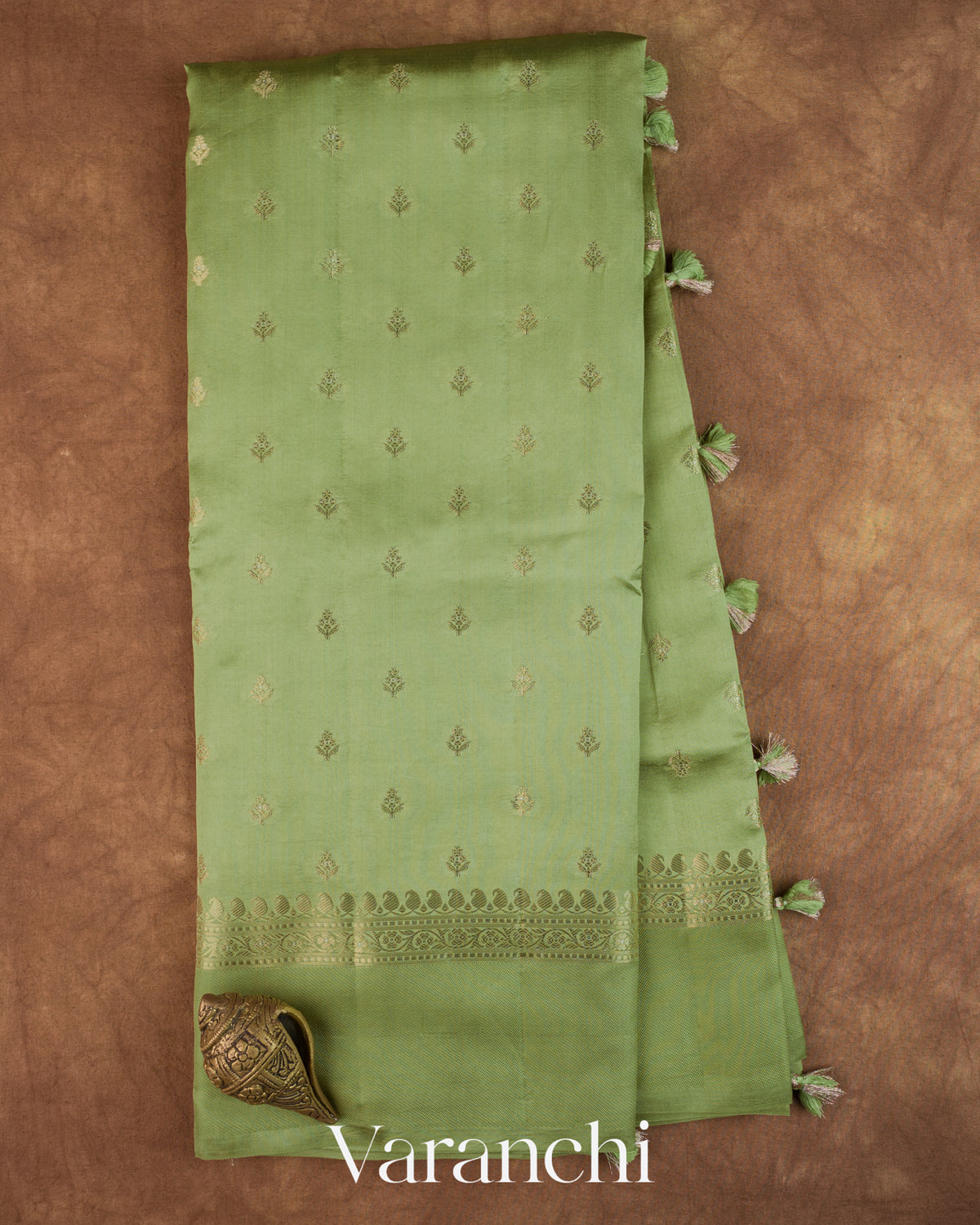 Olive Green Pure Dupion Silk Saree — Full Saree