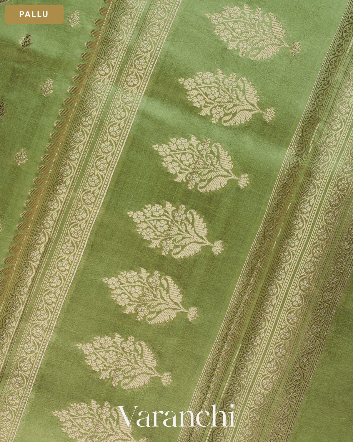 Olive Green Pure Dupion Silk Saree — Pallu