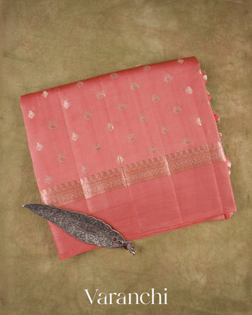 Coral Pure Dupion Silk Saree — Folded