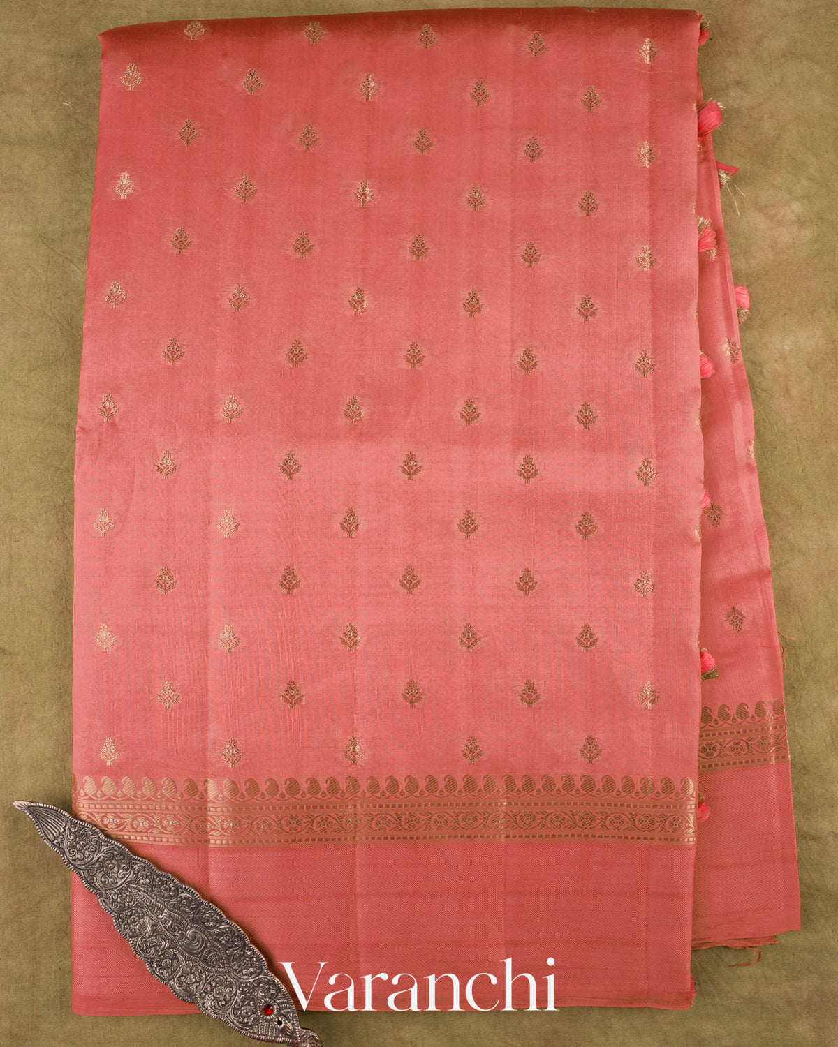 Coral Pure Dupion Silk Saree — Full Saree