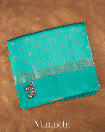 Sea Blue Pure Dupion Silk Saree — Folded