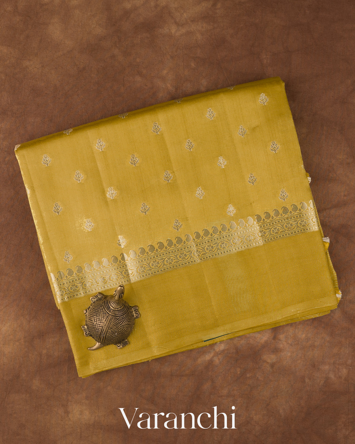 Olive Yellow Pure Dupion Silk Saree — Folded