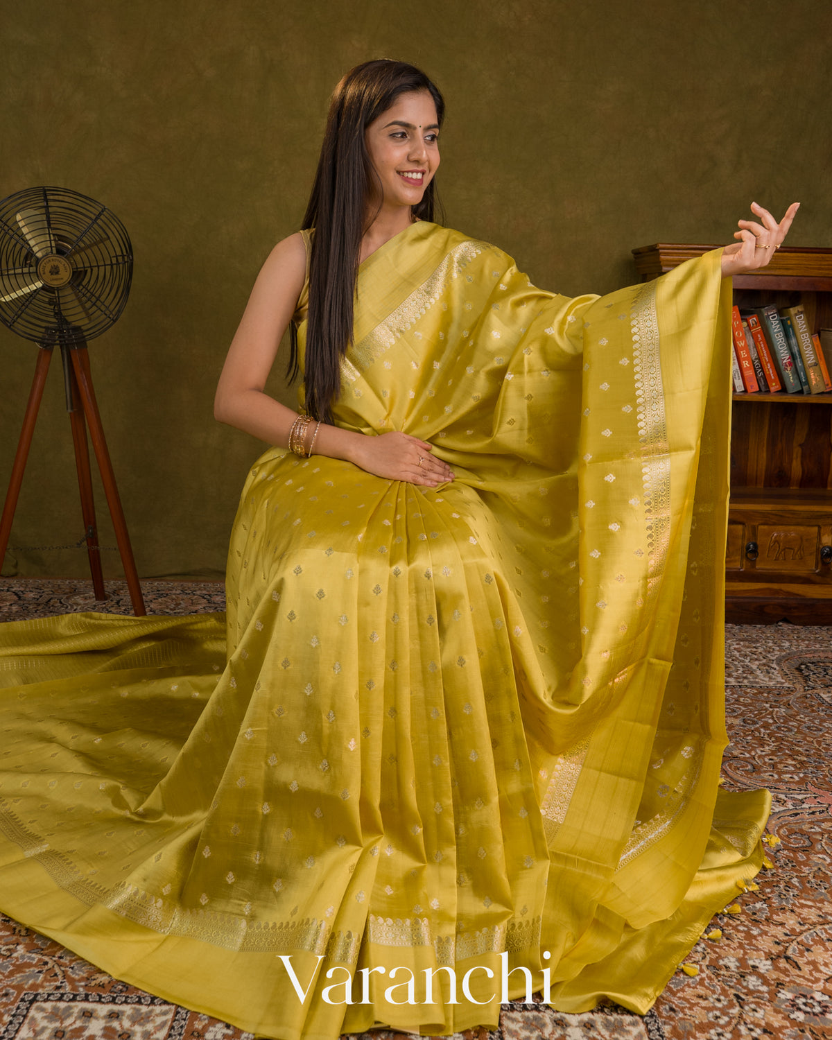 Olive Yellow Pure Dupion Silk Saree — Draped