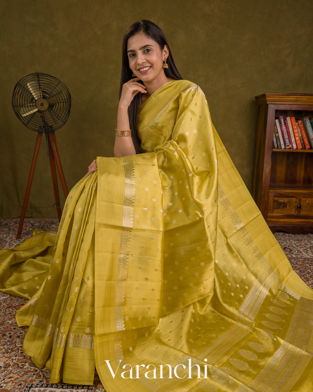 Olive Yellow Pure Dupion Silk Saree — Draped