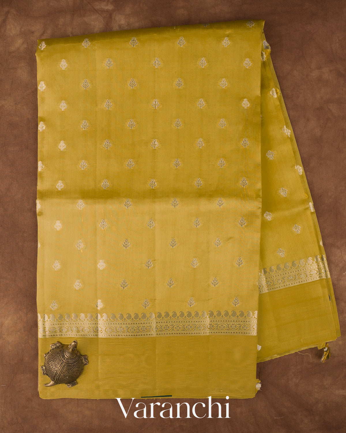Olive Yellow Pure Dupion Silk Saree — Full Saree