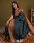 Deep Navy Blue Pure Tussar Silk Handloom Saree — Draped