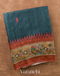 Deep Navy Blue Pure Tussar Silk Handloom Saree — Folded