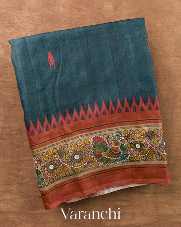 Deep Navy Blue Pure Tussar Silk Handloom Saree — Folded