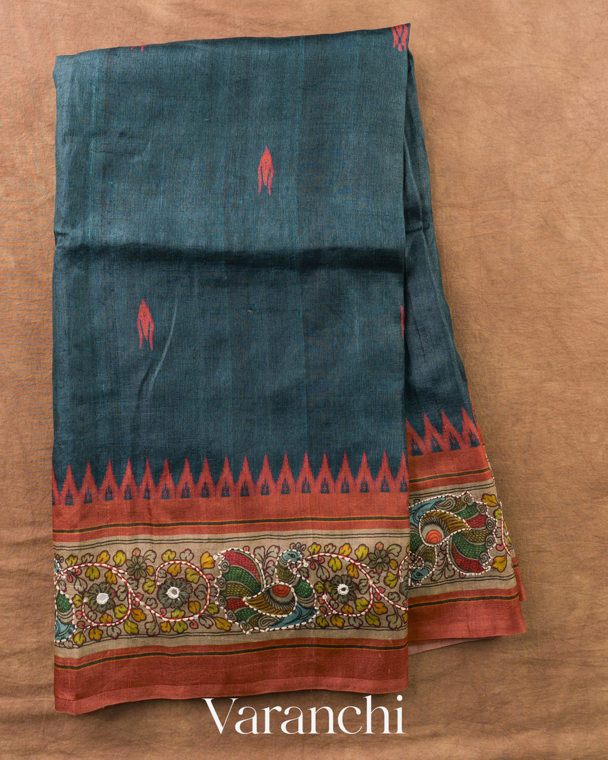 Deep Navy Blue Pure Tussar Silk Handloom Saree — Full Saree