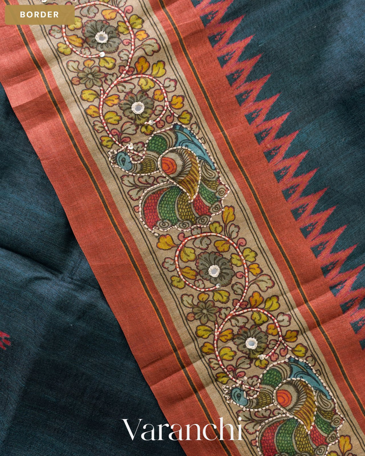 Deep Navy Blue Pure Tussar Silk Handloom Saree — Border