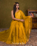 Mustard Yellow Sequin Checkered Pure Muslin Silk Handloom Saree — Draped