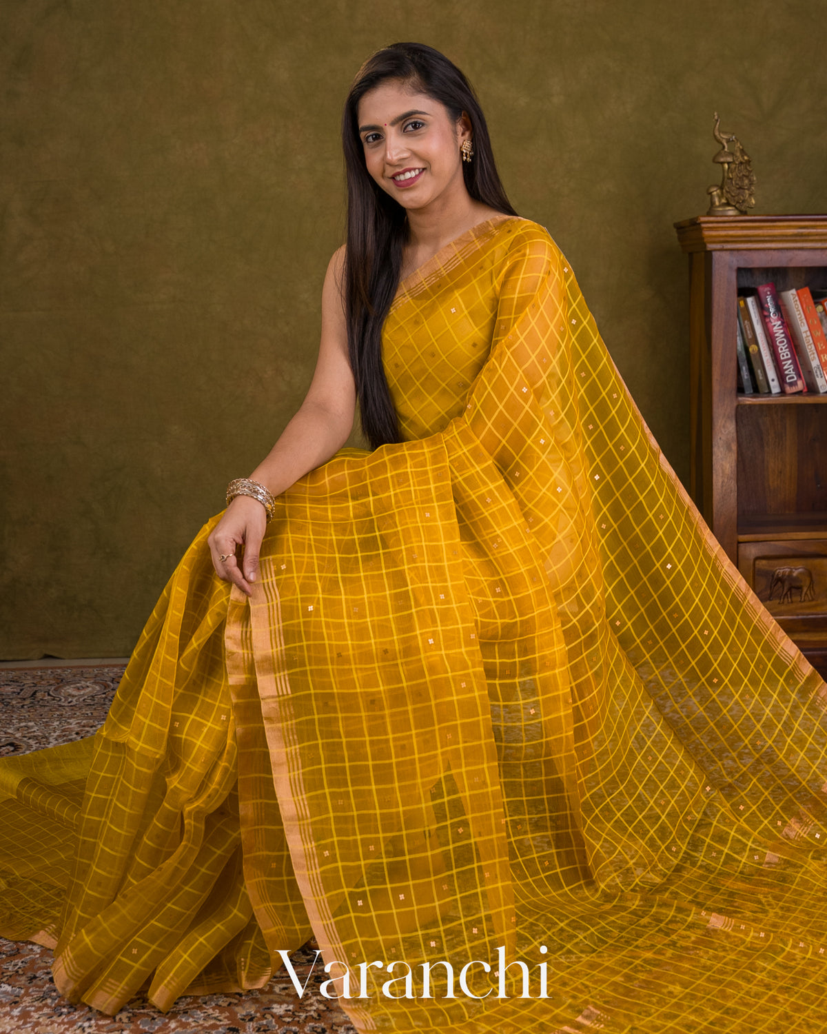 Mustard Yellow Sequin Checkered Pure Muslin Silk Handloom Saree — Draped