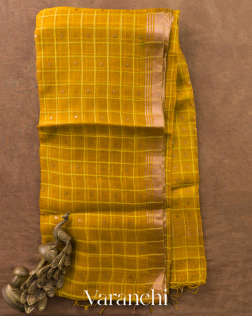 Mustard Yellow Sequin Checkered Pure Muslin Silk Handloom Saree — Full Saree