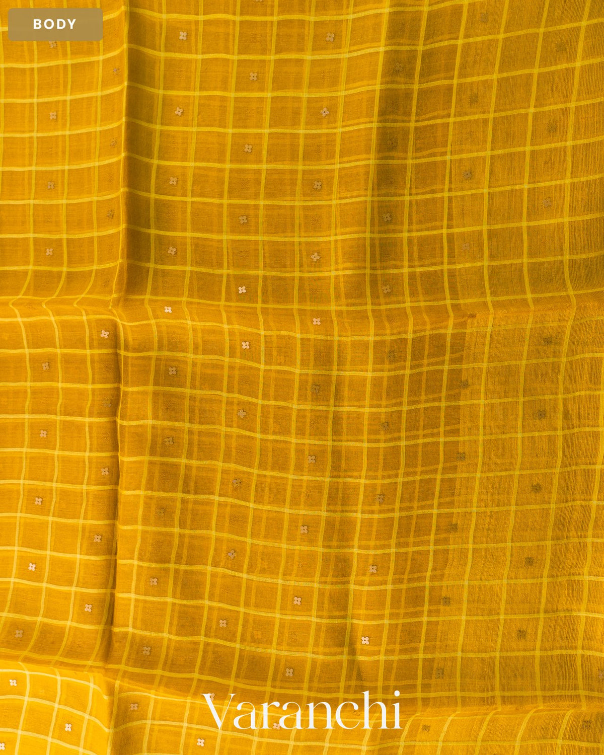 Mustard Yellow Sequin Checkered Pure Muslin Silk Handloom Saree — Body