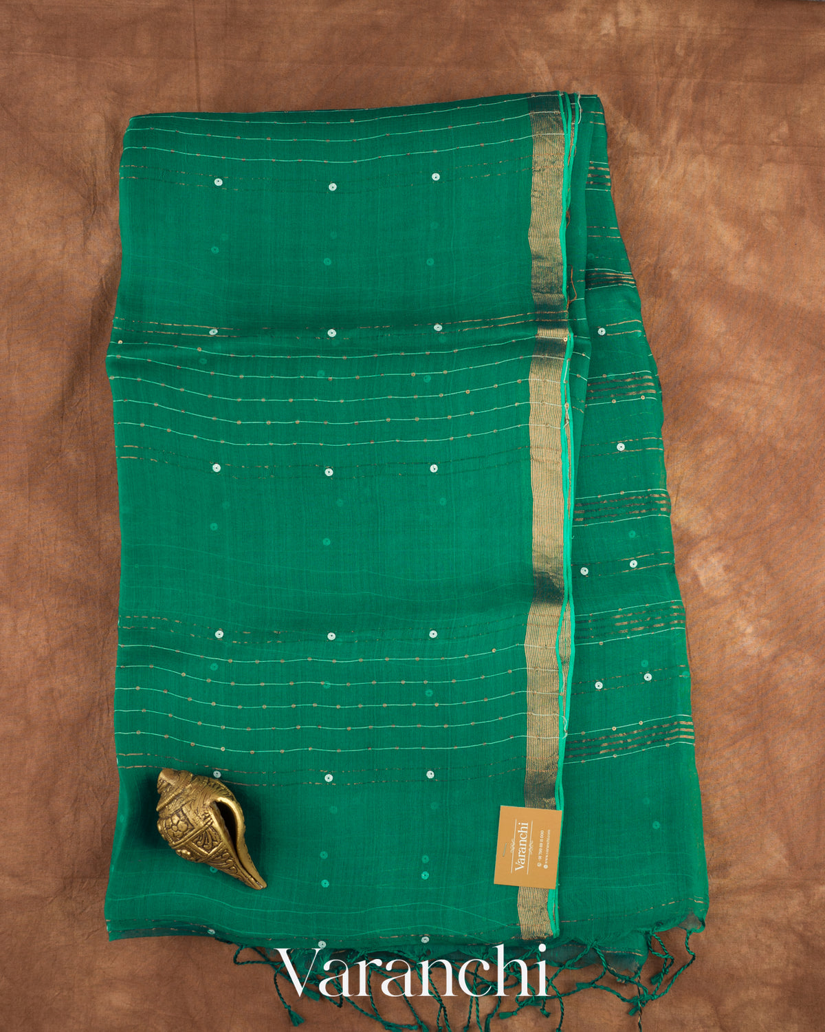 Peacock Green Sequin Striped Pure Muslin Silk Handloom Saree — Full Saree