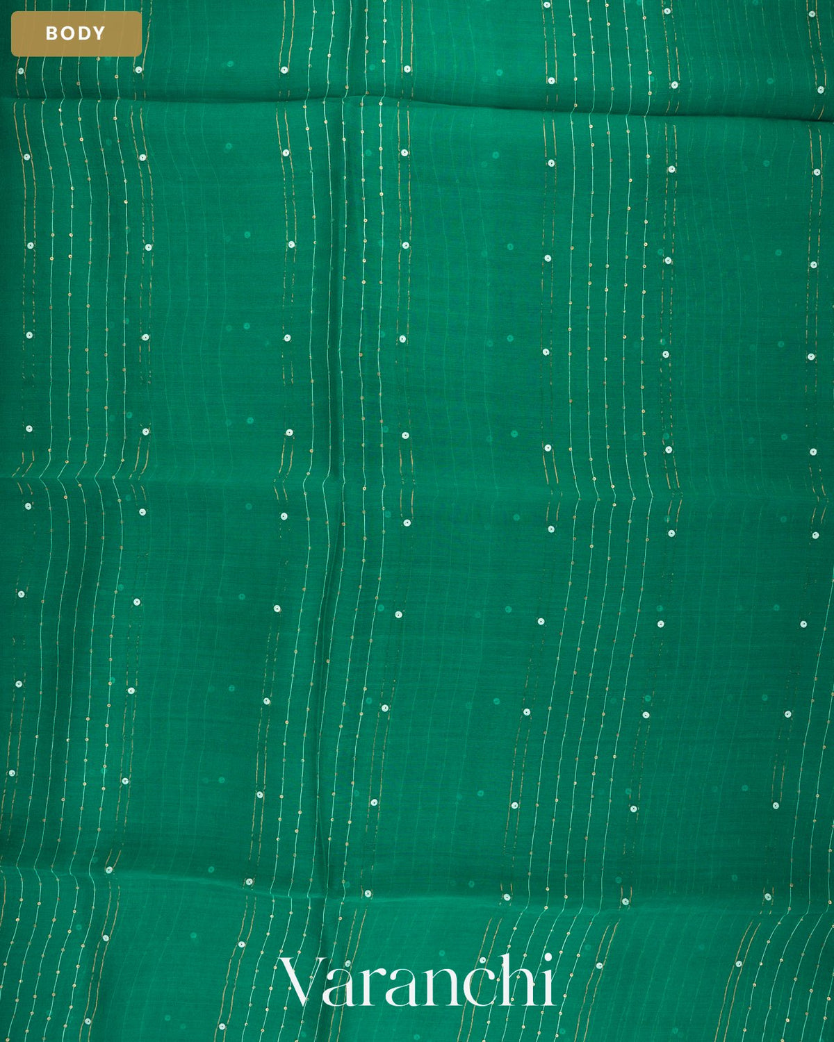 Peacock Green Sequin Striped Pure Muslin Silk Handloom Saree — Body