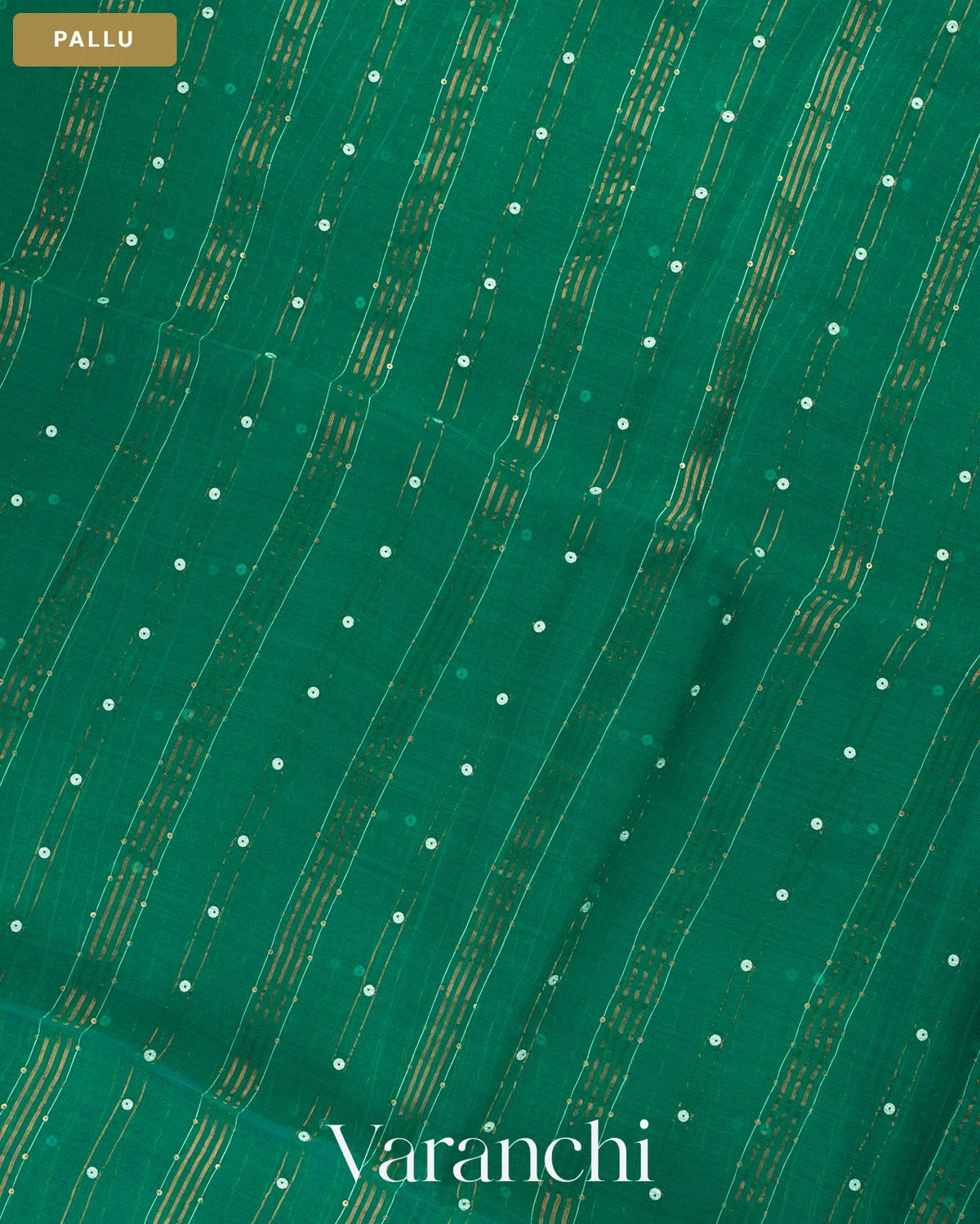 Peacock Green Sequin Striped Pure Muslin Silk Handloom Saree — Pallu