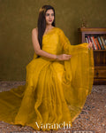 Mustard Yellow Sequin Striped Pure Muslin Silk Handloom Saree — Draped