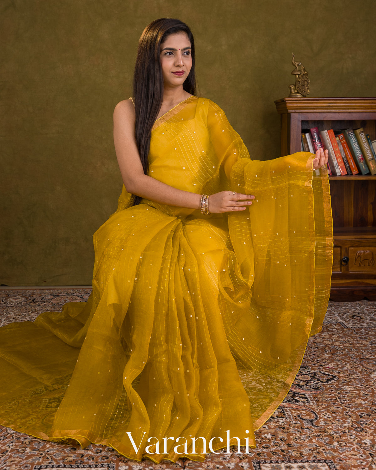 Mustard Yellow Sequin Striped Pure Muslin Silk Handloom Saree — Draped