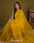 Mustard Yellow Sequin Striped Pure Muslin Silk Handloom Saree — Draped