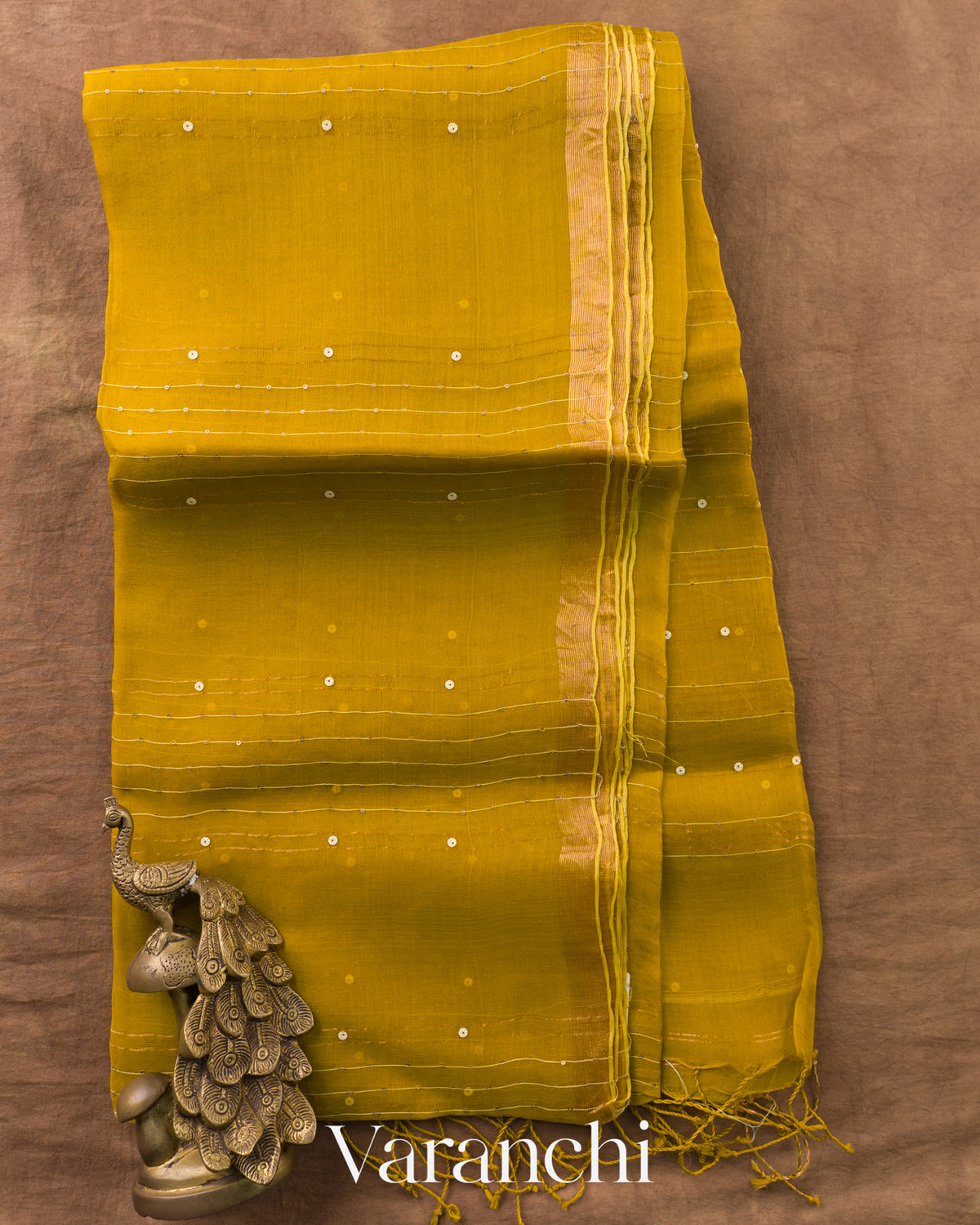 Mustard Yellow Sequin Striped Pure Muslin Silk Handloom Saree — Full Saree