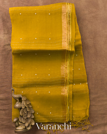 Mustard Yellow Sequin Striped Pure Muslin Silk Handloom Saree — Full Saree