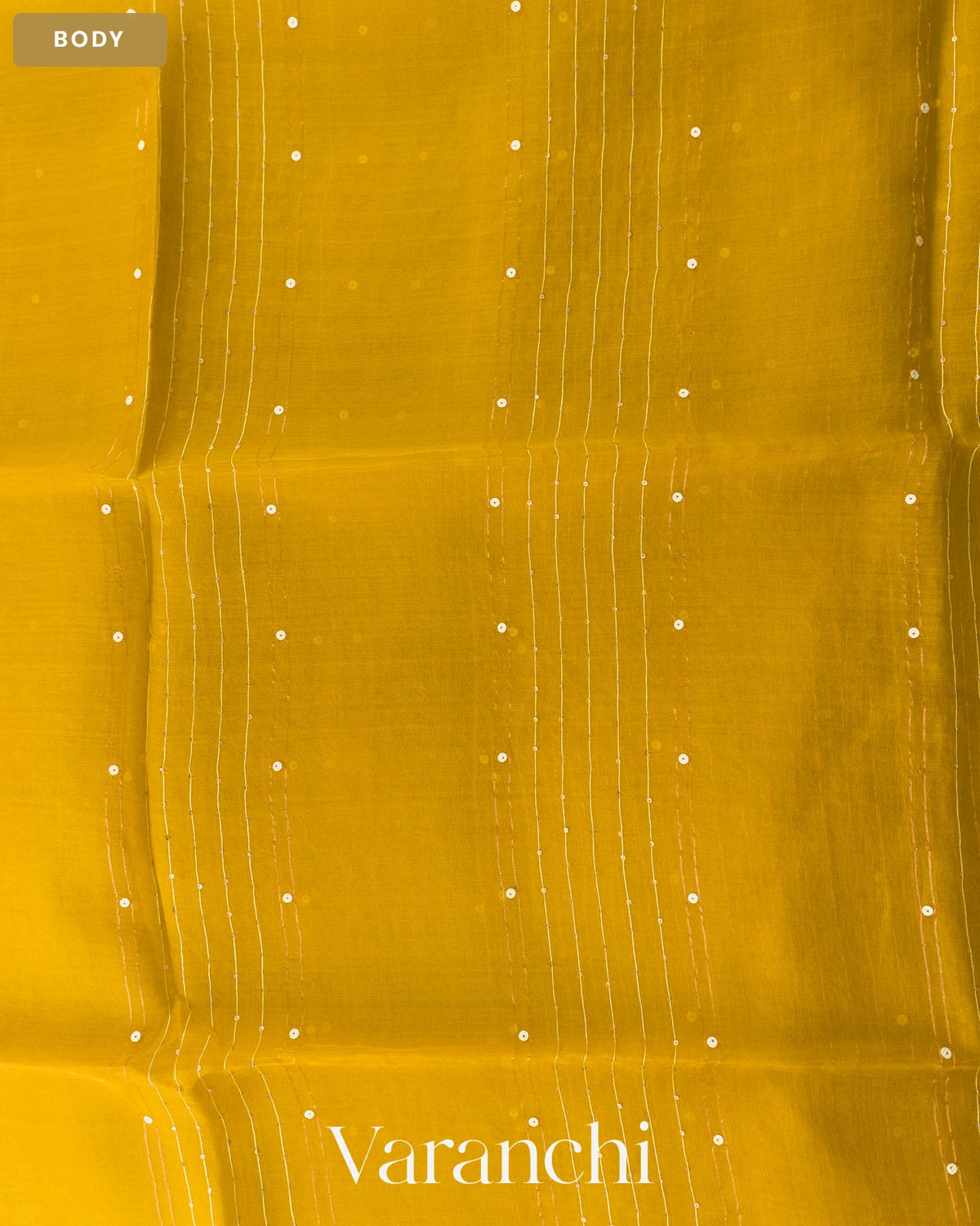 Mustard Yellow Sequin Striped Pure Muslin Silk Handloom Saree — Body