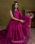Magenta Sequin Striped Pure Muslin Silk Handloom Saree — Draped