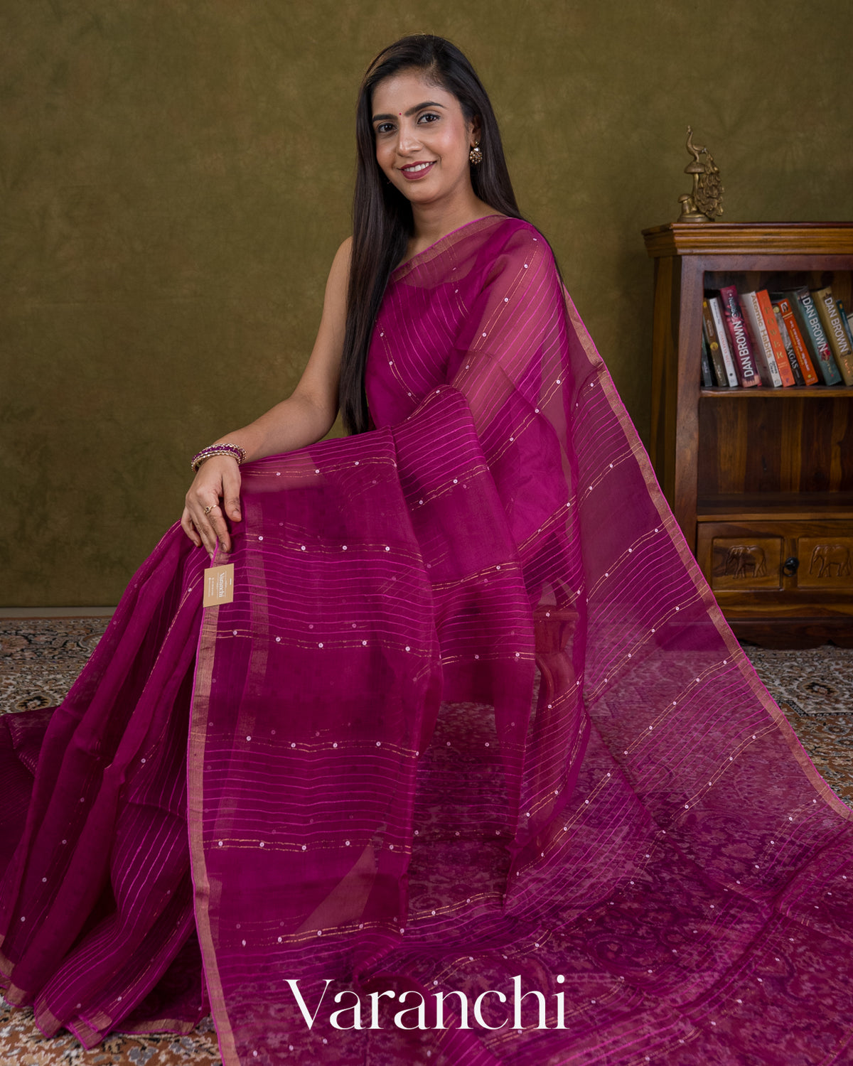 Magenta Sequin Striped Pure Muslin Silk Handloom Saree — Draped