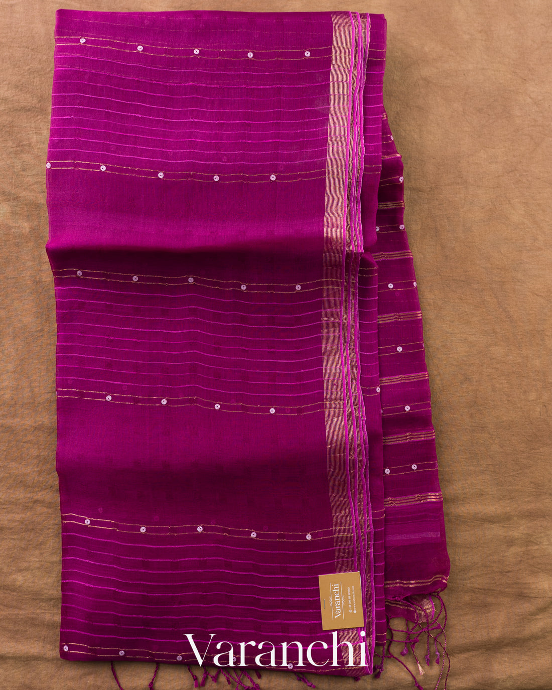 Magenta Sequin Striped Pure Muslin Silk Handloom Saree — Full Saree