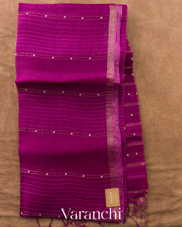 Magenta Sequin Striped Pure Muslin Silk Handloom Saree — Full Saree