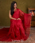 Crimson Red Sequin Striped Pure Muslin Silk Handloom Saree — Draped