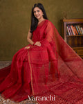 Crimson Red Sequin Striped Pure Muslin Silk Handloom Saree — Draped