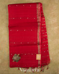 Crimson Red Sequin Striped Pure Muslin Silk Handloom Saree — Full Saree