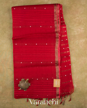 Crimson Red Sequin Striped Pure Muslin Silk Handloom Saree — Full Saree