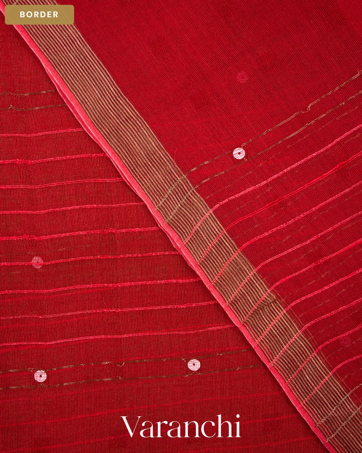 Crimson Red Sequin Striped Pure Muslin Silk Handloom Saree — Border