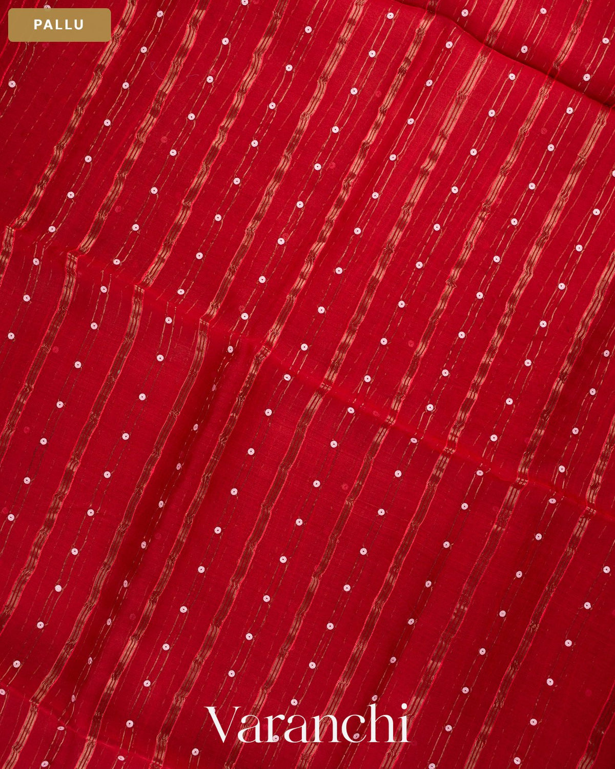 Crimson Red Sequin Striped Pure Muslin Silk Handloom Saree — Pallu