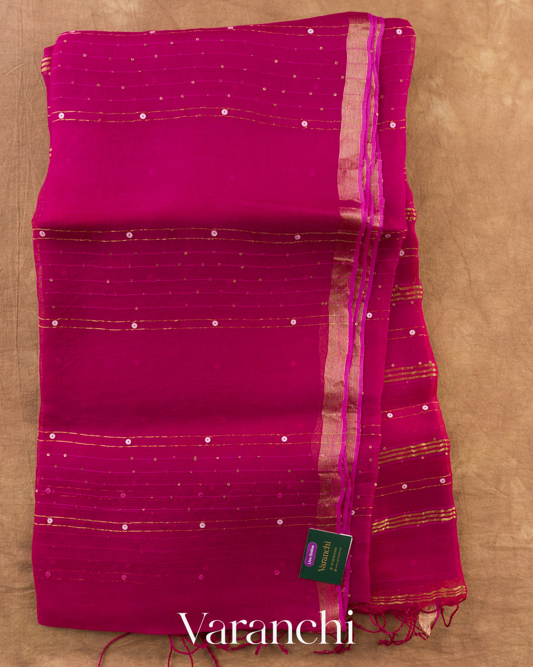 Rani Pink Sequin Striped Pure Muslin Silk Handloom Saree — Full Saree