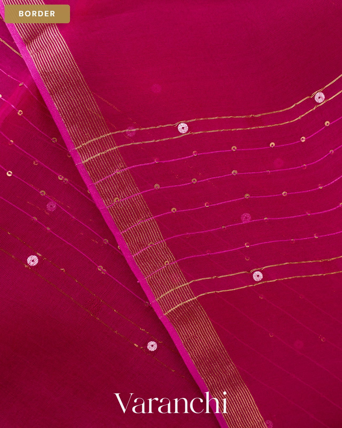 Rani Pink Sequin Striped Pure Muslin Silk Handloom Saree — Border