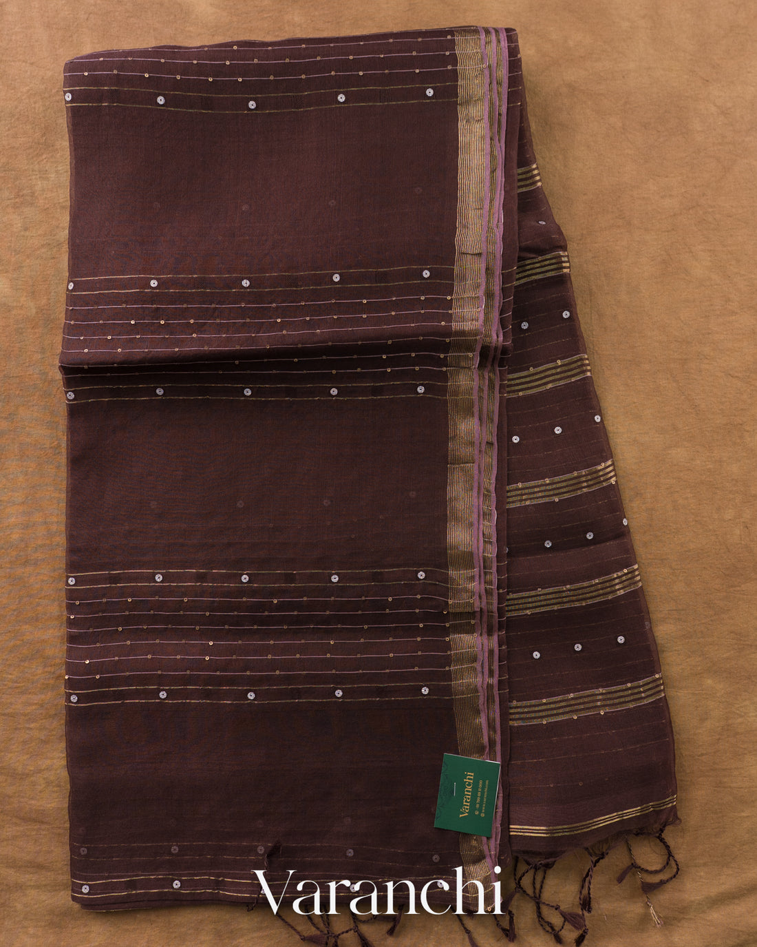 Coffee Brown Sequin Striped Pure Muslin Silk Handloom Saree — Full Saree