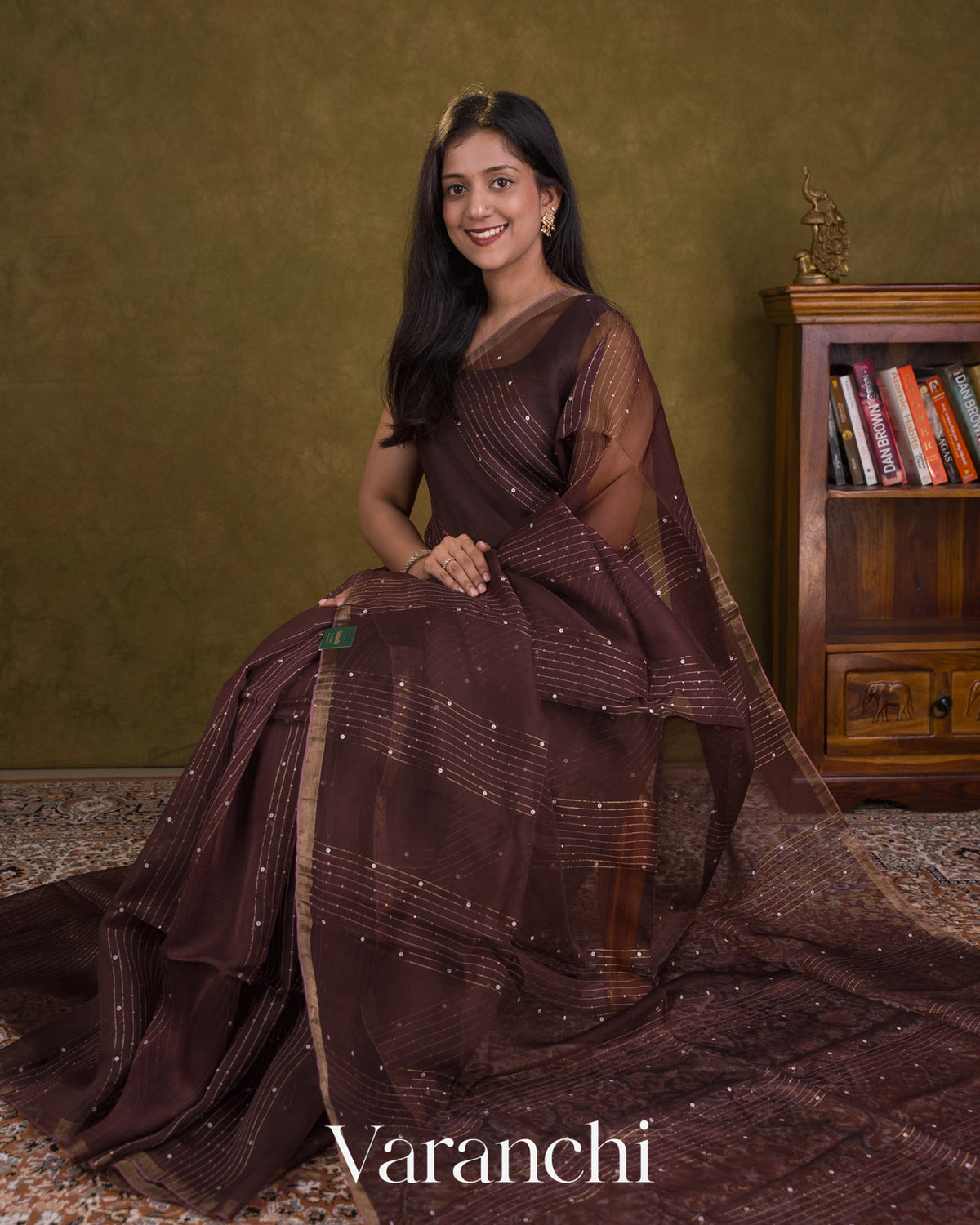 Coffee Brown Sequin Striped Pure Muslin Silk Handloom Saree — Draped