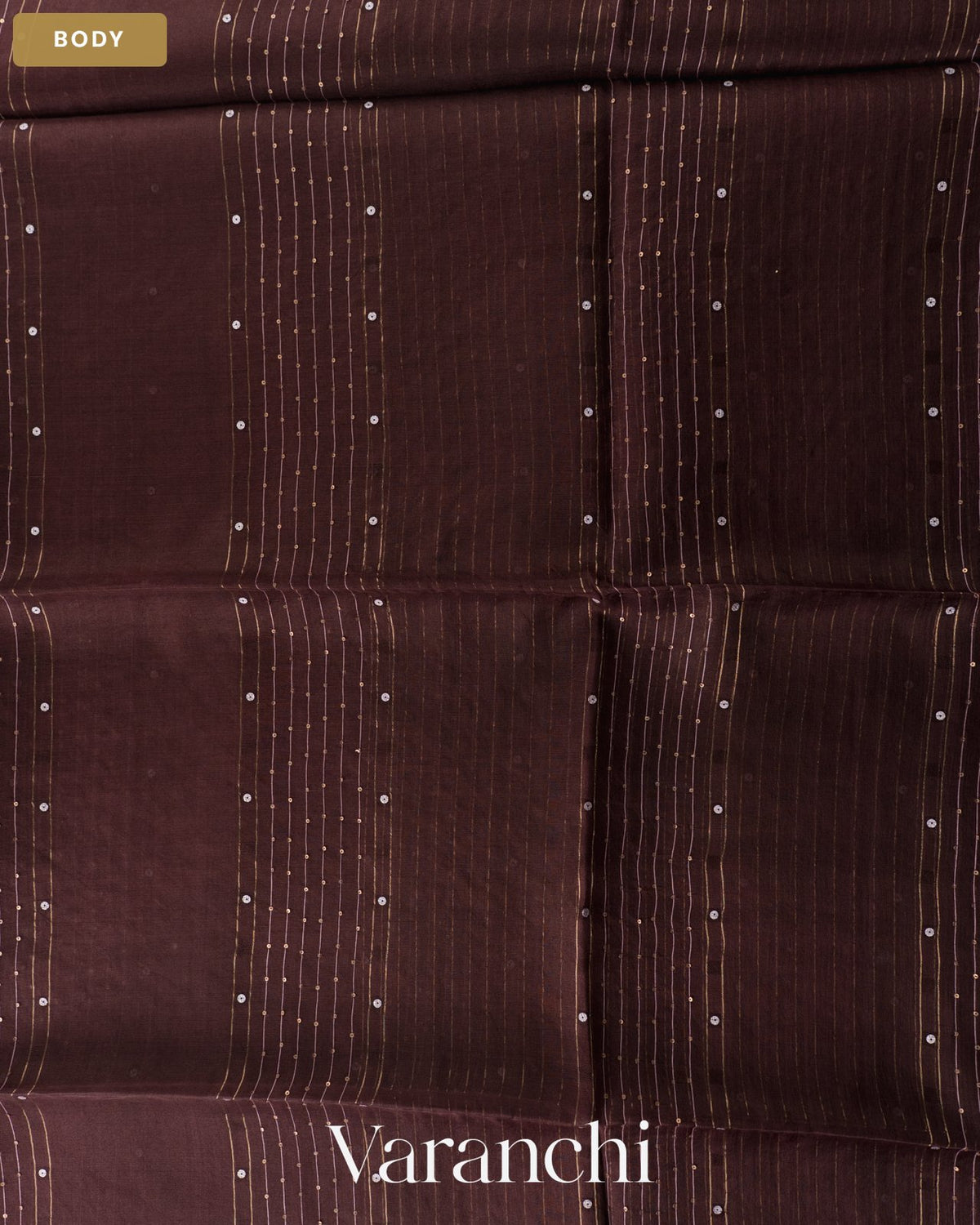 Coffee Brown Sequin Striped Pure Muslin Silk Handloom Saree — Body