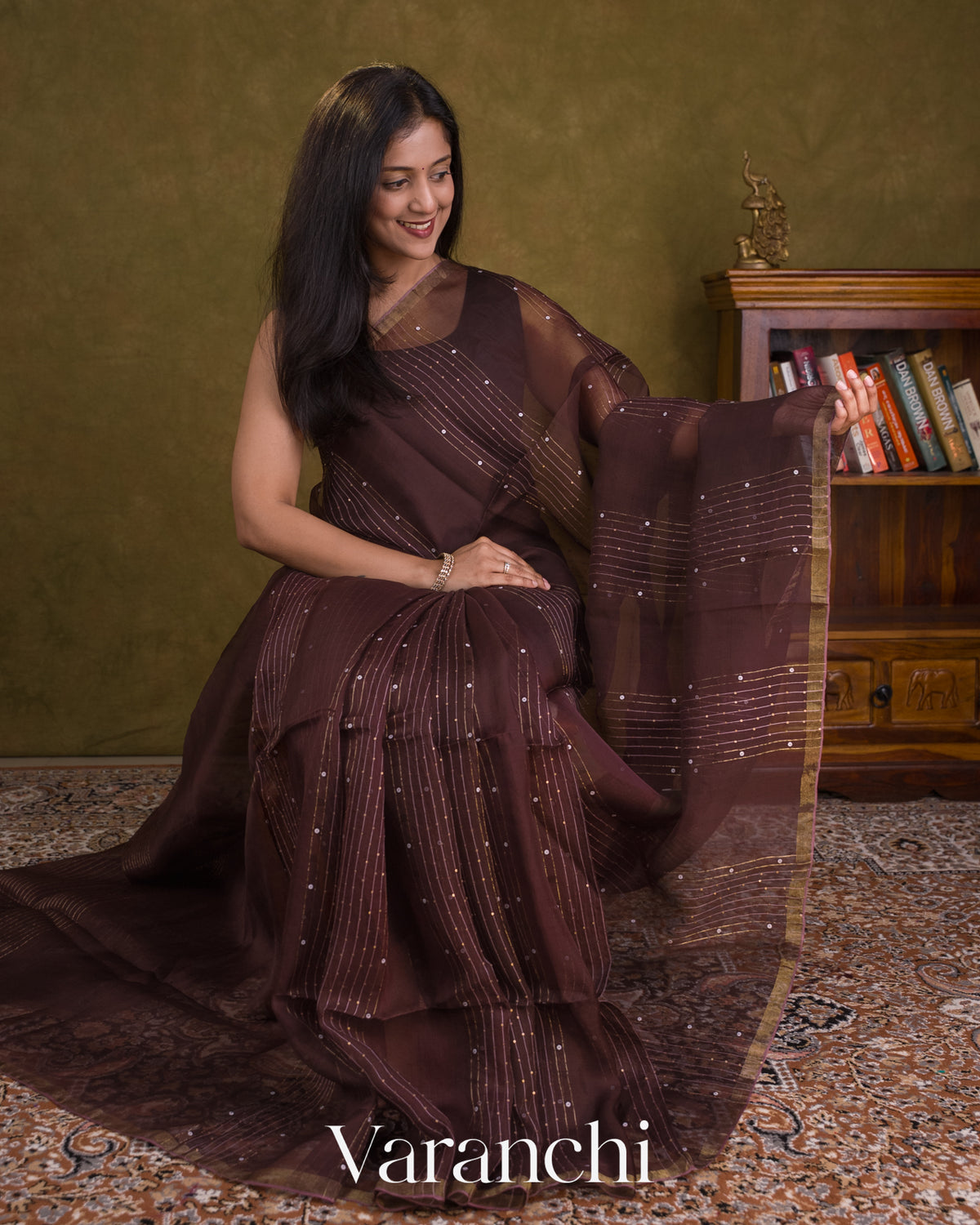 Coffee Brown Sequin Striped Pure Muslin Silk Handloom Saree — Draped