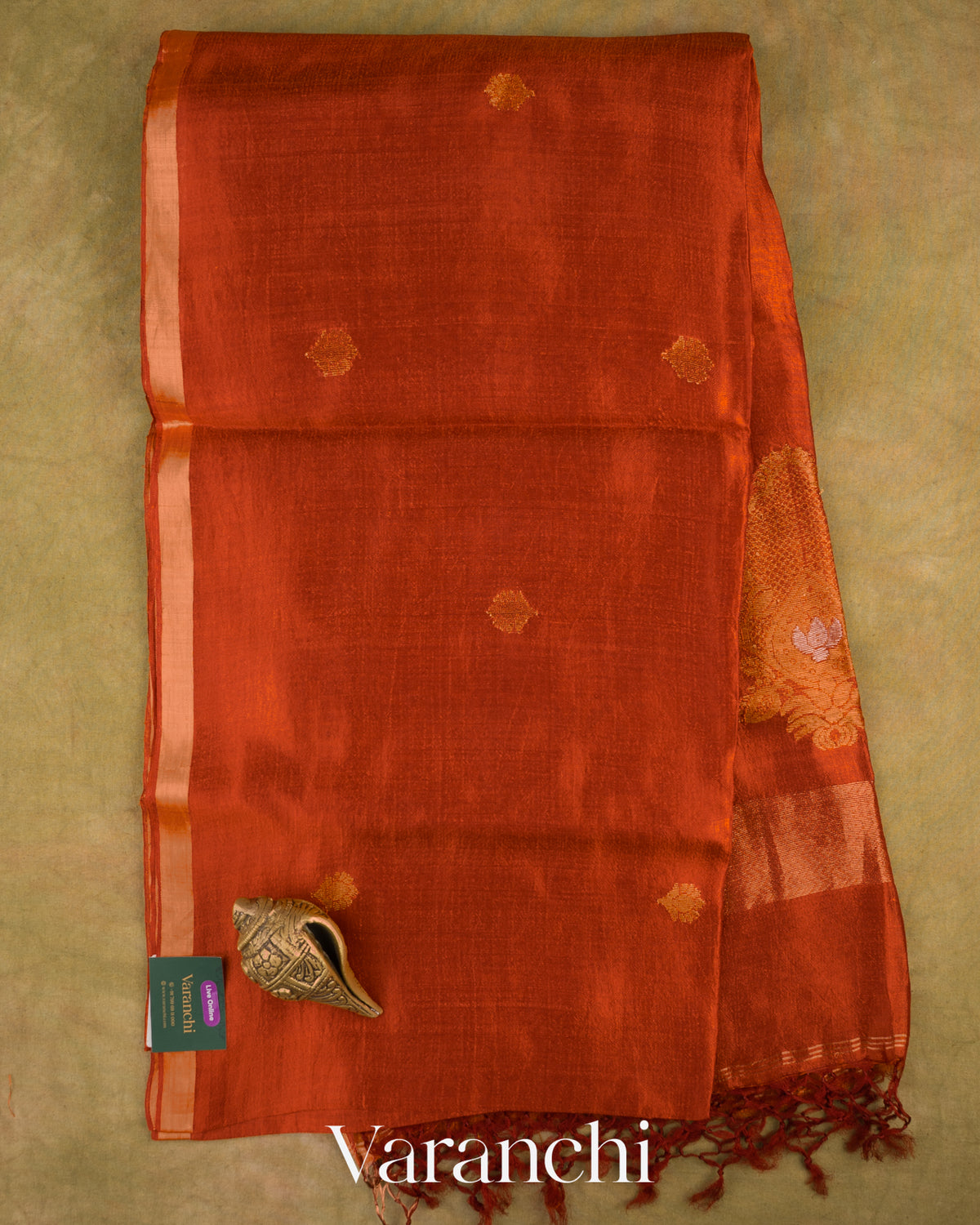 Rust Orange Jamdani Pure Mulberry Silk Handloom Saree — Full Saree